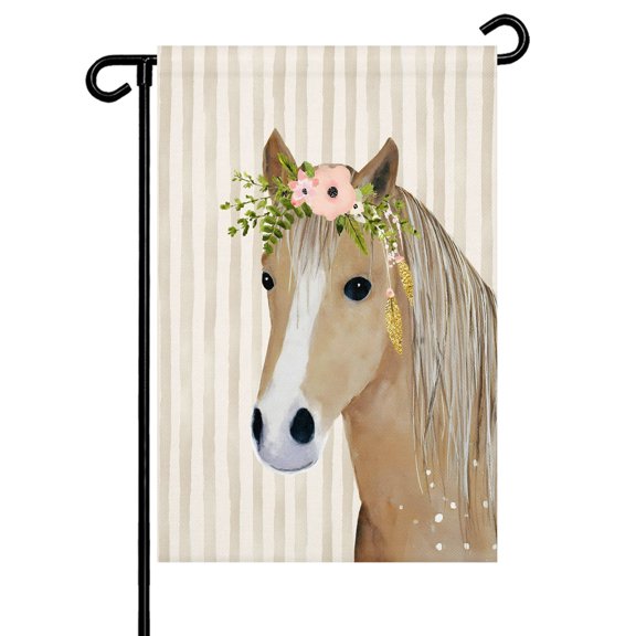 Farm Horse Garden Flag 12x18 Inch Farmhouse Horse With Red Flower Leaf Beige Vertical Stripe Double Sided Small Decorative Garden Flags for Outside, Outdoor Yard Porch Lawn Decoration
