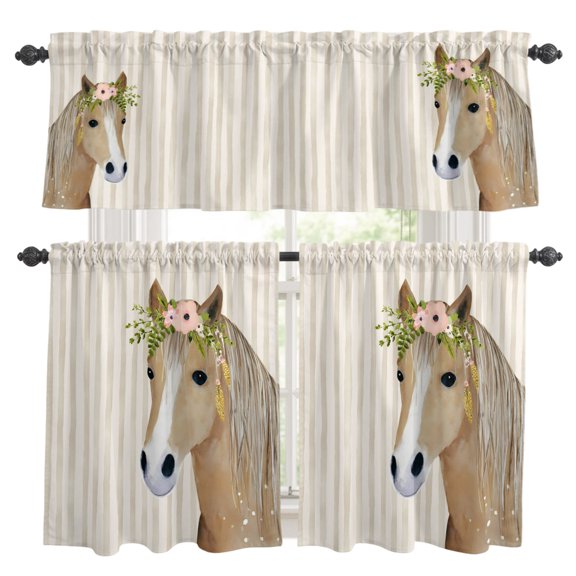 Farm Horse Kitchen Curtains Valance and Tier Set Farmhouse Horse With Red Flower Leaf Beige Vertical Stripe Rod Pocket Short Curtains for Small Window 3 Pieces Set for Bedroom (54" x 18"+27" x 36")