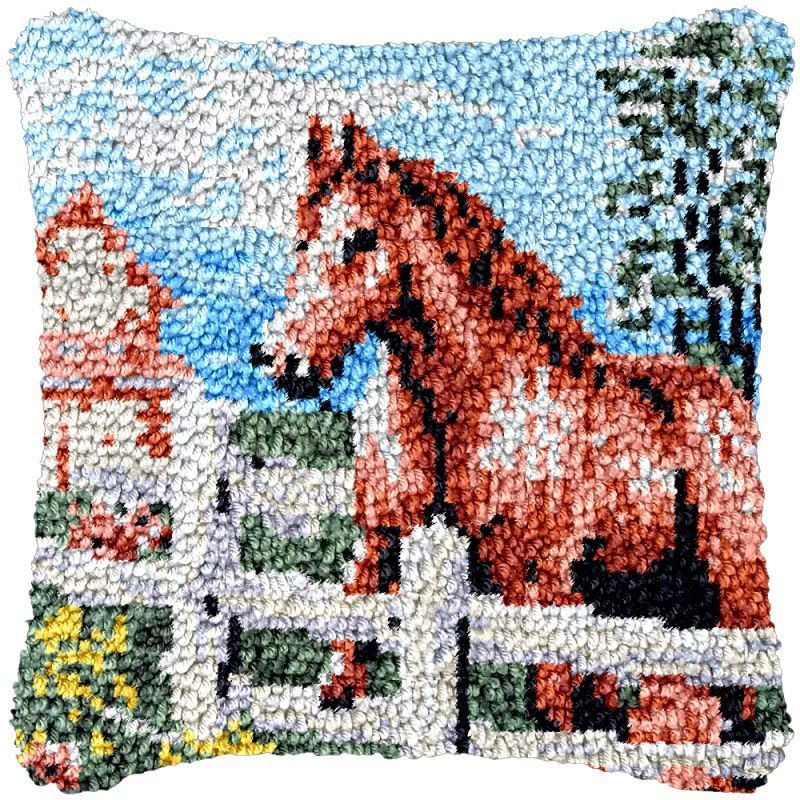 Farm Horse Latch Hook Pillow Cover Kits for DIY Handmade Throw Pillow Cross Stitch Latch Hook Pillowcase Rug Cushion Kits with Preprinted Canvas Crochet Yarn Kits Needlework 17'' X 17''
