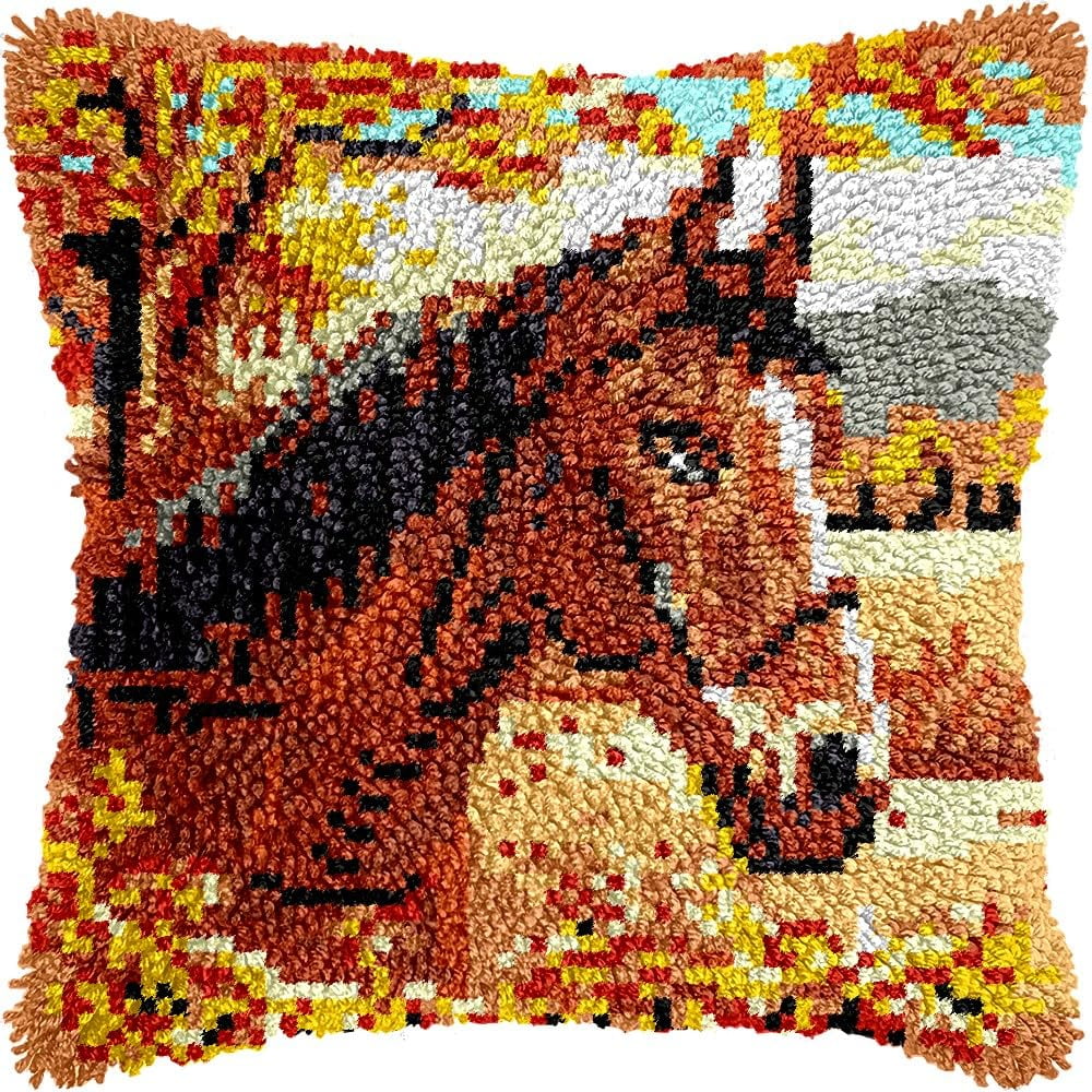 Farm Horse Latch Hook Pillow Kits for DIY Throw Pillow Cushion Embroidery Latch Hooking Pillowcase Kits with Preprinted Canvas Crochet Yarn Kits for Home Decor 17''X 17''(C41)