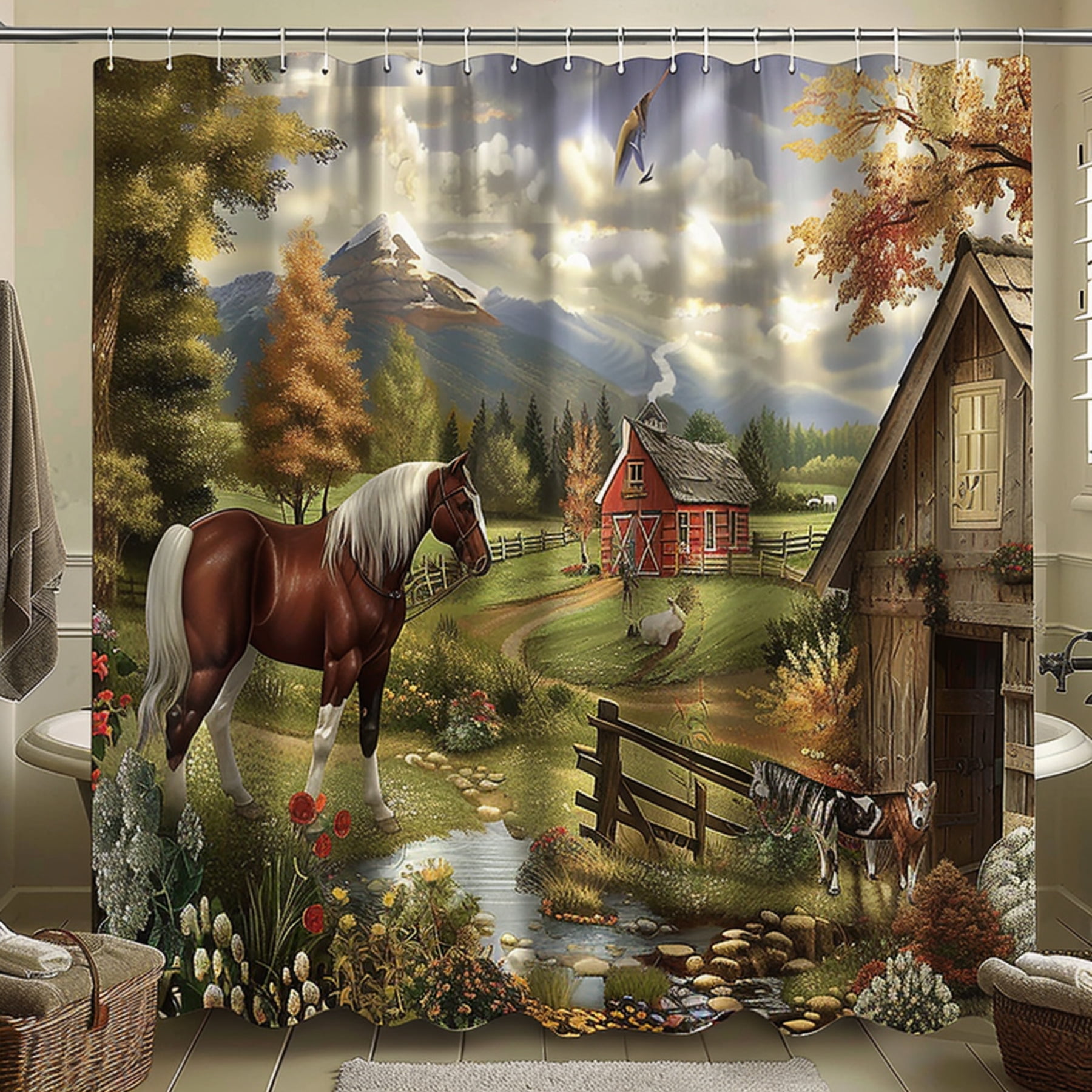 Farm Horse Shower Curtain Detailed Barn Print Realistic Landscape ...