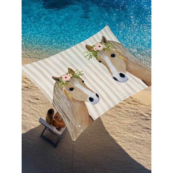 Farm Horse Sun Shade Sail 14' x 18', Farmhouse Horse With Red Flower Leaf Beige Vertical Stripe Rectangle Outdoor Sunshade Canopy, Waterproof UV Block Patio Covers for Garden Yard Beach