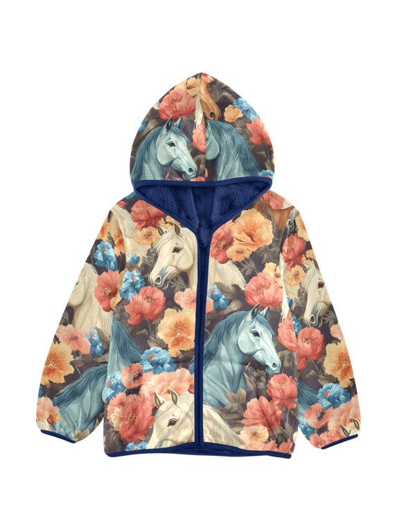 Farm Horses Floral Kids Fleece Hood Jacket Fuzzy Outerwear 5T