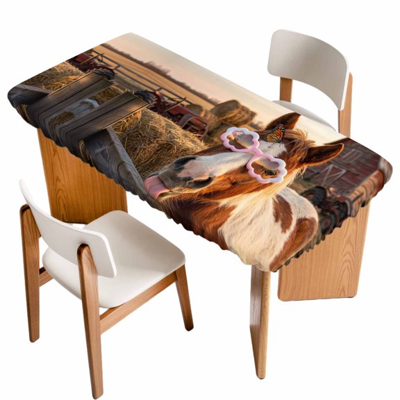 Farm Horses Table Cloths for 3 Foot Rectangle Tables, Farmhouse Barn Funny Animals Butterfly Patio Waterproof Elastic Fitted Tablecloths, Washable Rectangular Table Cover for Camping