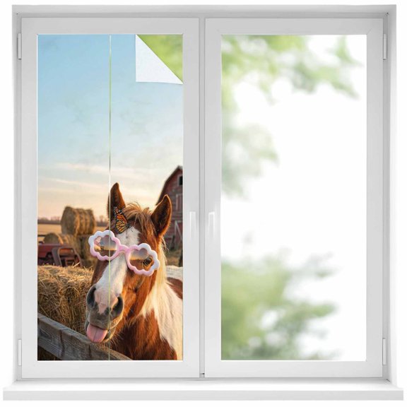 Farm Horses Window Privacy Film, Farmhouse Barn Funny Animals Butterfly Static Cling UV Sun Blocking Heat Control Window Tint Day and Night, Non-Adhesive One Way Windows Privacy Cover 19.6''x39.3''