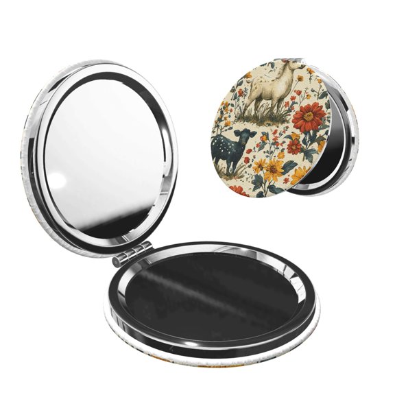 Farm House Animals Goat Portable Double-Sided Face Mirror Round Shape, Magnifying Compact Pocket Mirror with PU Leather Cover
