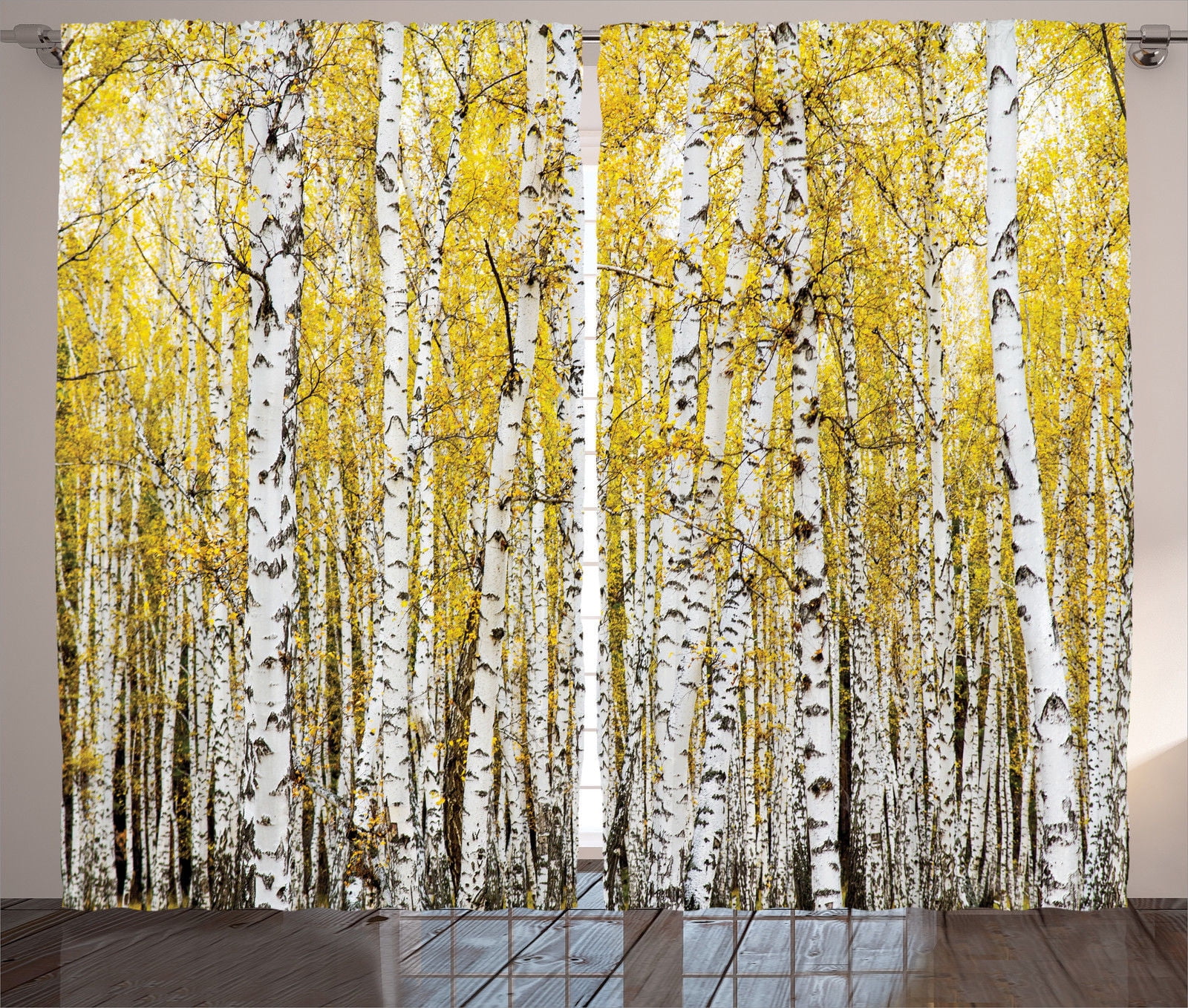 Golden Yellow Birch Forest Polyester Rod Pocket Curtain Panels