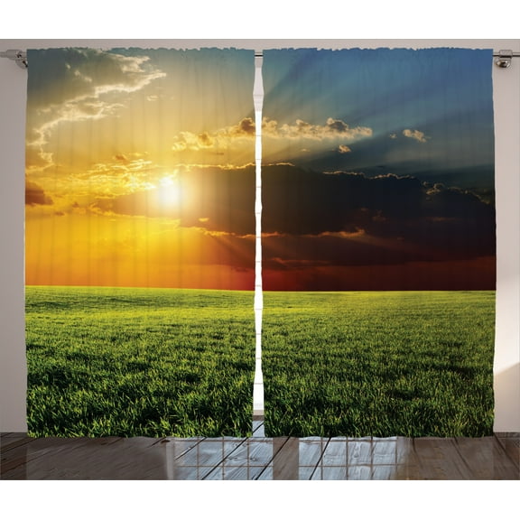 Ambesonne Landscape Curtains 2 Panel Set, Dark Clouds Sunset, 108" x 84", Green Yellow