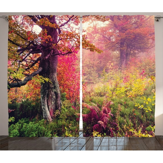 Ambesonne Forest Curtains 2 Panel Set, Majestic Autumn Trees, 108" x 90", Red Green Brown