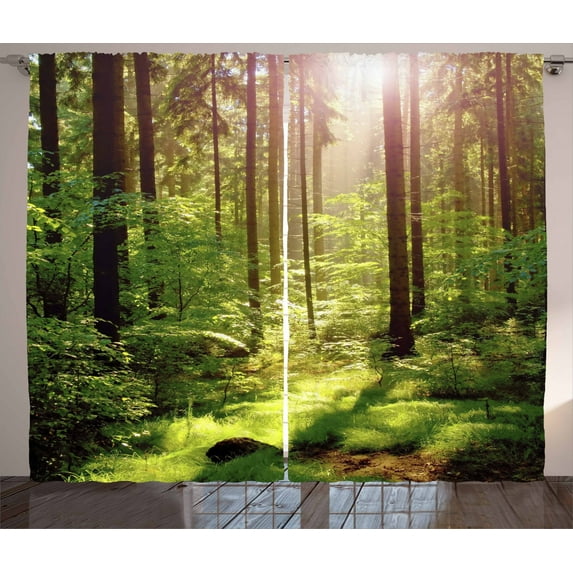 Ambesonne Forest Curtains 2 Panel Set, Sunset Moss Woods Trees, 108" x 90", Green Brown