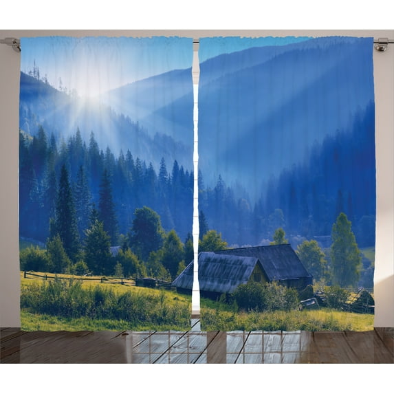 Ambesonne Forest Curtains 2 Panel Set, Mountain Village Ukraine, 108" x 90", Green Blue