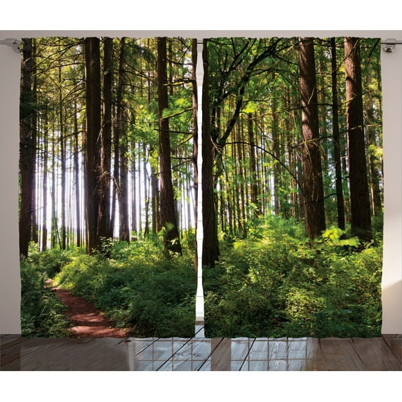 Farm House Decor Curtains 2 Panels Set, Pathway in a Shady Forest of Bushes and Thick Trunks Grass Unique Wild Life Scenery, Living Room Bedroom Accessories, 108 X 90 Inches, by Ambesonne