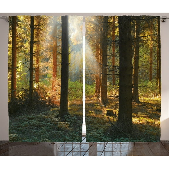 Ambesonne Autumn Curtains 2 Panel Set, Sunset Dark Pine Trees, 108" x 90", Orange Green