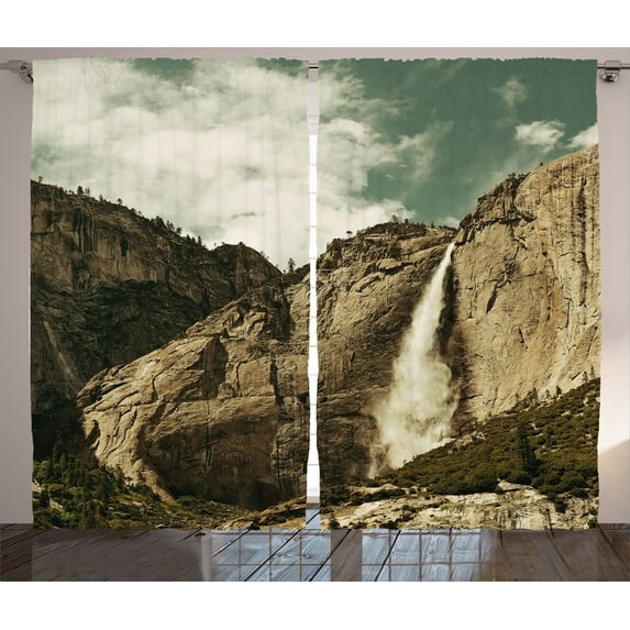 Ambesonne America Curtains 2 Panel Set, Waterfall Yosemite Park, 108" x 84", Brown Reseda Green