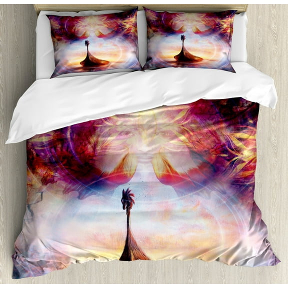 Farm House Decor King Size Duvet Cover Set, Digital Overlapping Psychedelic Mystical Back with Hot Flame Effects Image, Decorative 3 Piece Bedding Set with 2 Pillow Shams, Multi, by Ambesonne