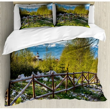 Farm House Decor King Size Duvet Cover Set, Idyllic Scene with Tree Trunk Plank and Snow Mountain Range the Alps Photo, Decorative 3 Piece Bedding Set with 2 Pillow Shams, Green Blue, by Ambesonne