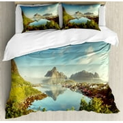 Farm House Decor King Size Duvet Cover Set, Reine Creek in Norway in a Sunny Fall Day Tranquil Peaceful Vacation Image, Decorative 3 Piece Bedding Set with 2 Pillow Shams, Green Blue, by Ambesonne