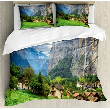 Farm House Decor King Size Duvet Cover Set, Town by the Rocks on Waterfall Background European Peaks Sunlight the Alps, Decorative 3 Piece Bedding Set with 2 Pillow Shams, Green Grey, by Ambesonne