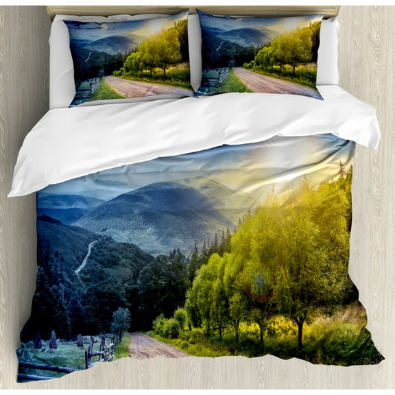 Farm House Decor Queen Size Duvet Cover Set, Day and Night Collage View with Moon and Sun Horizon Countryside Hillside, Decorative 3 Piece Bedding Set with 2 Pillow Shams, Green Blue, by Ambesonne