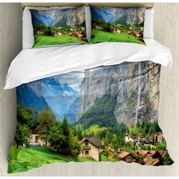 Farm House Decor Queen Size Duvet Cover Set, Town by the Rocks on Waterfall Background European Peaks Sunlight the Alps, Decorative 3 Piece Bedding Set with 2 Pillow Shams, Green Grey, by Ambesonne