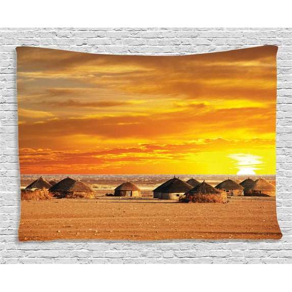 Farm House Decor Tapestry, African Landscape of a Small Town with Horizon Skyline at Dawn Ethiopian Photo, Wall Hanging for Bedroom Living Room Dorm Decor, 60W X 40L Inches, Orange, by Ambesonne