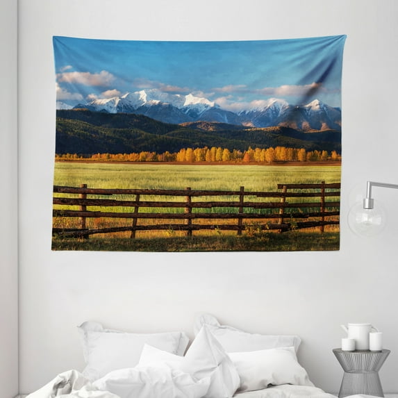 Farm House Decor Tapestry, Farm Field with Snow Covered Mountain Nature Valley Forest Panoramic Artwork, Wall Hanging for Bedroom Living Room Dorm Decor, 80W X 60L Inches, Multi, by Ambesonne