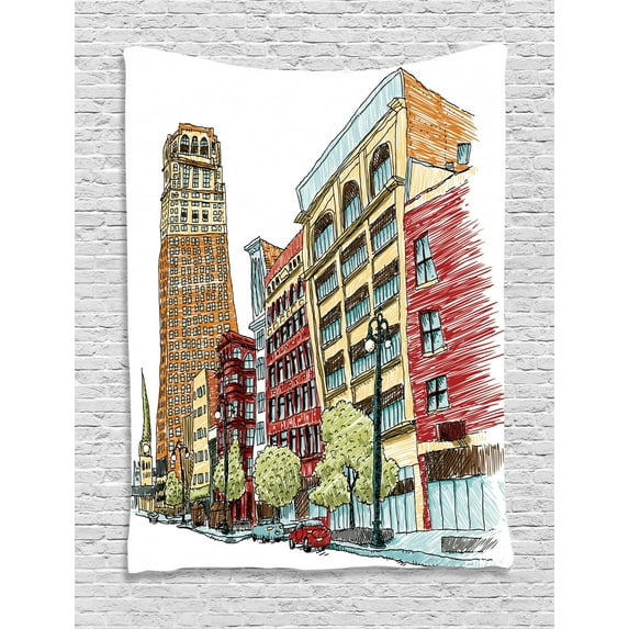 Farm House Decor Tapestry, Grunge Graphic of European Avenue Modern Urban Life Downtown City Streets , Wall Hanging for Bedroom Living Room Dorm Decor, 60W X 80L Inches, Red Orange, by Ambesonne