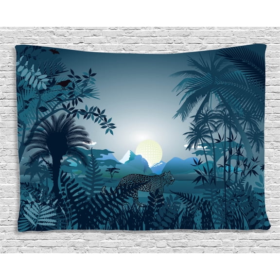 Farm House Decor Tapestry, Night in Rainforest Jungle with Wild Tiger Moon Light Palm Shrubs Hazy Graphic, Wall Hanging for Bedroom Living Room Dorm Decor, 80W X 60L Inches, Teal, by Ambesonne