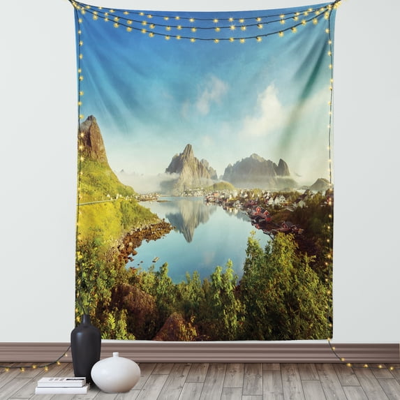 Farm House Decor Tapestry, Reine Creek in Norway in a Sunny Fall Day Tranquil Peaceful Vacation Image, Wall Hanging for Bedroom Living Room Dorm Decor, 60W X 80L Inches, Green Blue, by Ambesonne