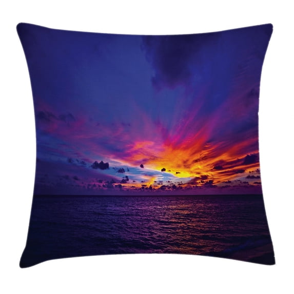 Farm House Decor Throw Pillow Cushion Cover, Dream Sunset in Ocean Northern Lights beyond Pacific Sea Atmosphere Photo, Decorative Square Accent Pillow Case, 16 X 16 Inches, Purple Blue, by Ambesonne