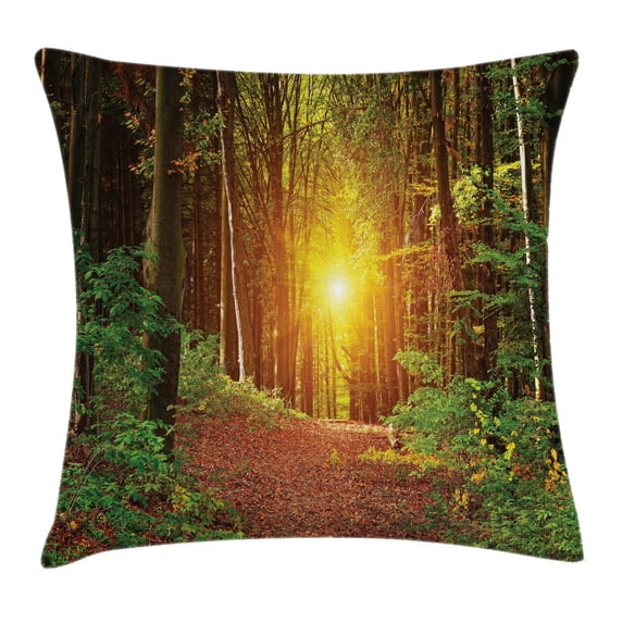 Farm House Decor Throw Pillow Cushion Cover, Magical Light Reflection Deep in Forest Birches Nature Fall Fantasy Scene, Decorative Square Accent Pillow Case, 20 X 20 Inches, Green Brown, by Ambesonne