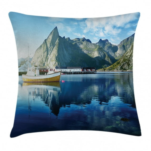 Farm House Decor Throw Pillow Cushion Cover, Sunset in Norwegian Lake by Fjords Formation Yacht Fishing Arctic Harbor Island, Decorative Square Accent Pillow Case, 20 X 20 Inches, Blue, by Ambesonne
