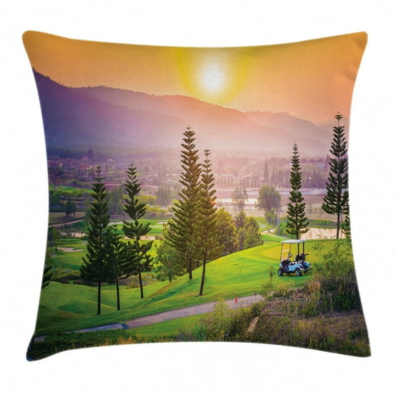 Farm House Decor Throw Pillow Cushion Cover, Vibrant Golf Resort Park in Spring Season with Trees Sunset Hills and Valley, Decorative Square Accent Pillow Case, 18 X 18 Inches, Multi, by Ambesonne