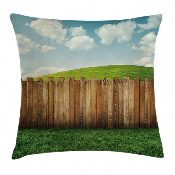 Farm House Decor Throw Pillow Cushion Cover, Wooden Garden Fence on Grassland Pastoral Environment with Cloudy Sky, Decorative Square Accent Pillow Case, 20 X 20 Inches, Green Brown, by Ambesonne