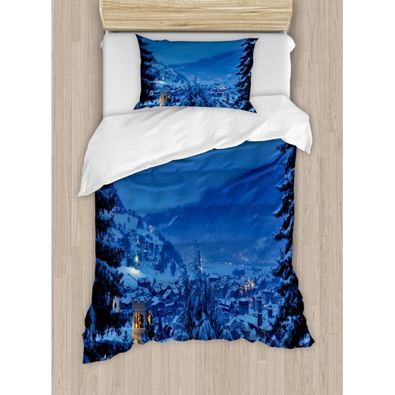 Farm House Decor Twin Size Duvet Cover Set, Winter Pine Trees Forest in European Woodland by the Mountains Nature Print, Decorative 2 Piece Bedding Set with 1 Pillow Sham, Blue, by Ambesonne