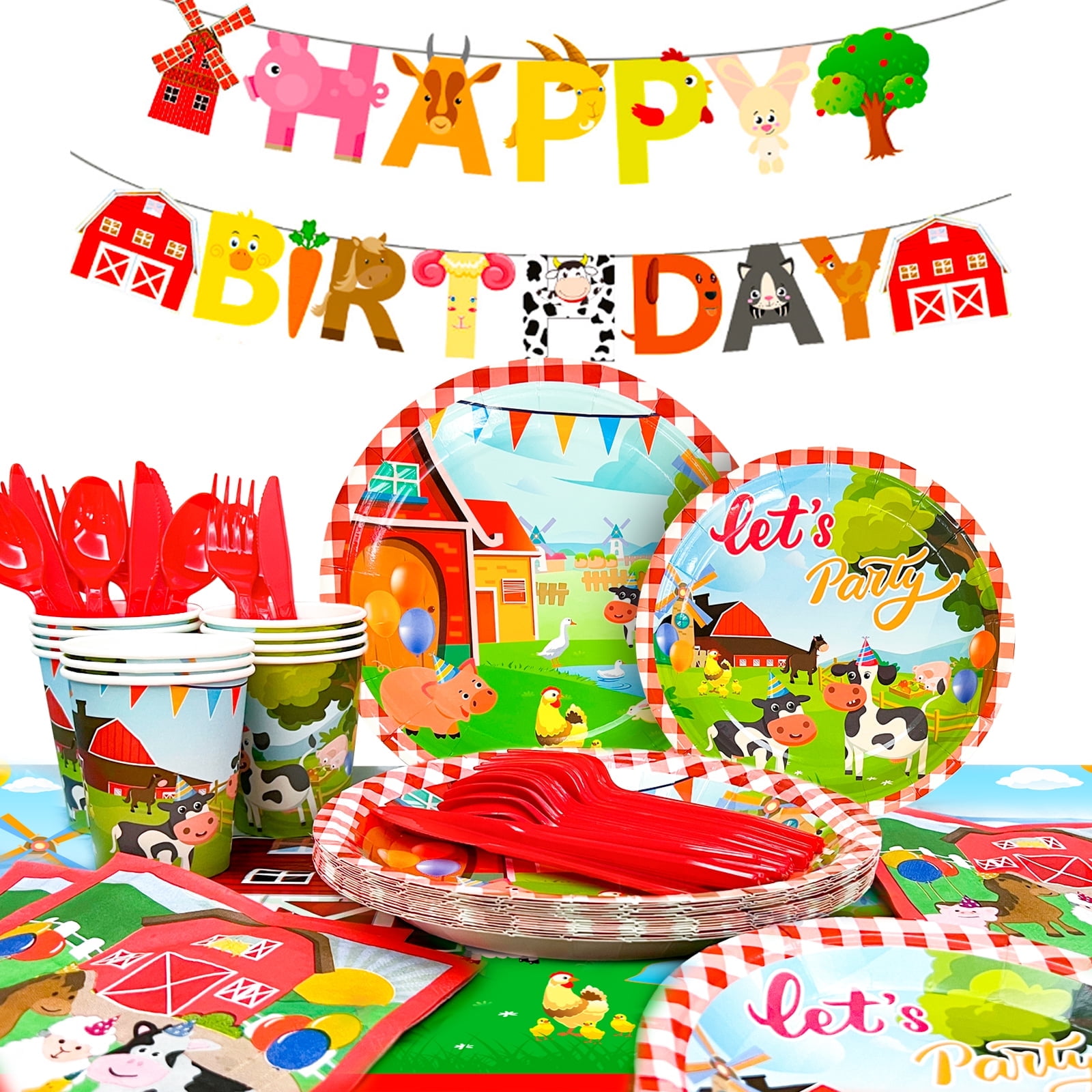 Farm House Fun Barnyard Animals Party Supplies,130Pcs Farm Party Tableware Set-Farm animals Birthday Banner,Farm Plates Cups Napkins Tablecloth ect Farm Birthday Party Supplies,Serves 16