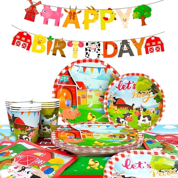 Farm Party Supplies,130Pcs Farm House Fun Barnyard Animals Party Supplies - Farm Animals Birthday Banner, Farm Plates Cups Napkins Tablecloth ect Farm Birthday Party Supplies, Serves 16