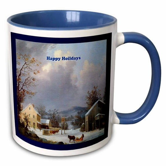 3drose, Farm House Horse Drawn Sleigh Snow on Ground Mountain Background Image, 15oz Two-tone Blue Mug