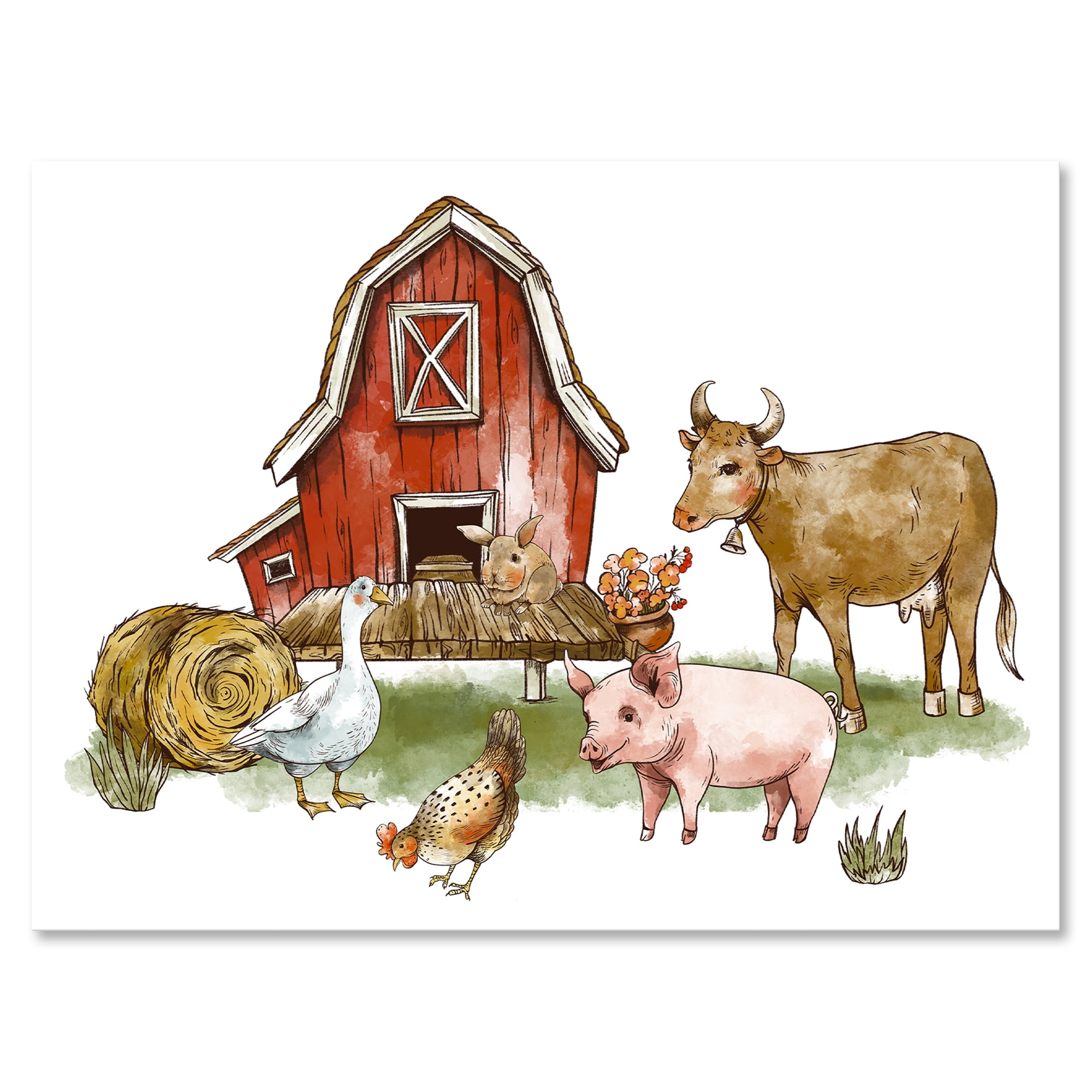 Farm House With Goose Cow Pig Chicken and Haystack 32 in x 24 in Painting Canvas Art Print, by Designart