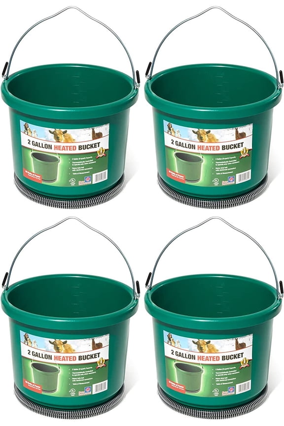 HB-60 9 Quart 2 Gallon Plastic Heated Bucket w/Metal Handle, Built in Thermostat, & Anti Chew Cord Protector, 60 Watt, Green 4 Pack