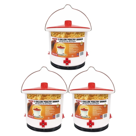 Farm Innovators HB-60P Thermostatically Controlled Heated 2-Gallon Plastic Outdoor Year-Round Poultry Chicken Water Bucket Drinker, White/Red 3 Pack