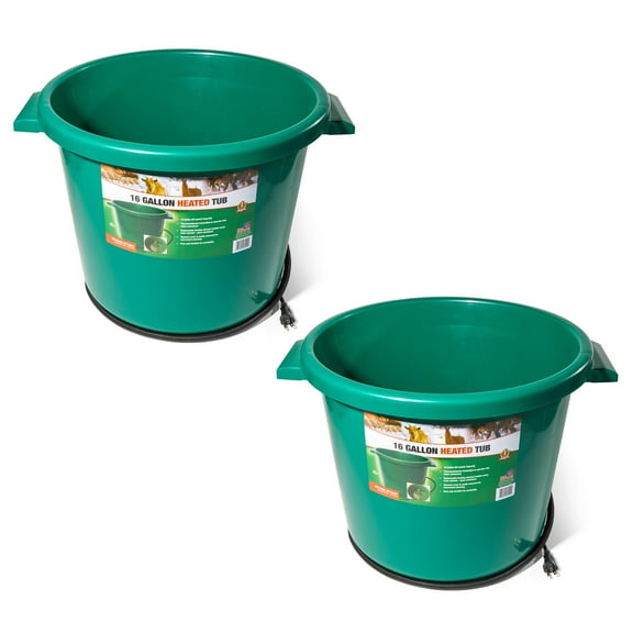 Farm Innovators HT-200 16 Gallon Plastic Heated Livestock Pet Farm Animal Water Bucket Tub with Hidden De-Icer Heating Element, Green 2 Pack