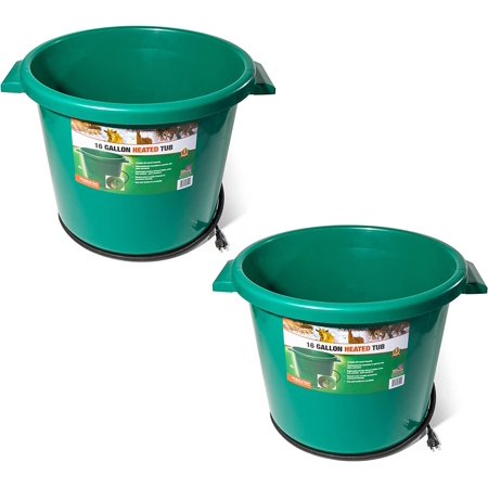 Farm Innovators HT-200 16 Gallon Plastic Heated Livestock Pet Farm Animal Water Bucket Tub with Hidden De-Icer Heating Element, Green 2 Pack