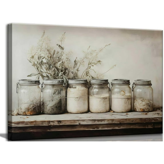 Farm Kitchen Canvas Wall Art Rustic Vintage Country Mason Jar Spice Still Life Culinary art Painting Picture Farmhouse Wall Decor Poster Print Artwork for Dining room Home Decoration