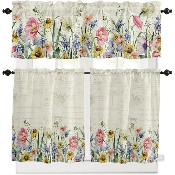 Farm Kitchen Window Valance and Tier Set Spring Boho Flowers Botanical 3 Piece Rod Pocket Valances Short Curtain,Vintage Stamp Letters Small Windows Treatment Tiers Curtains for Bedroom/Cafe/Bathroom