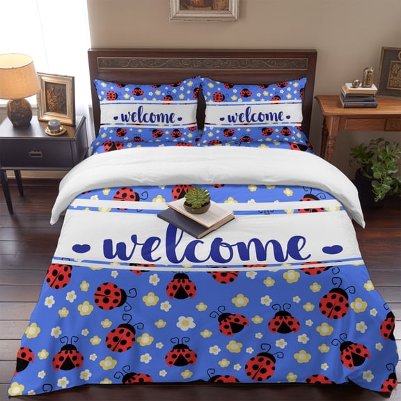 Farm Ladybug Daisy Floral on Blue Queen Size Bed Set,Spring Rustic Flower Welcome Bedding for All Seasons,4 Pcs Bed Set,1 Quiltcover (90"x90"),1 Sheet (90"x102"),2 Pillowcases (20"x30")