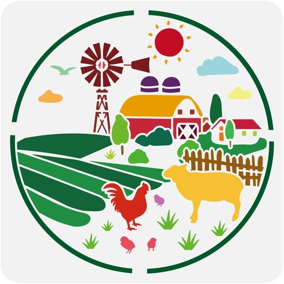 Farm Landscape Drawing Stencil 11.8x11.8" Windmill Farmland Houses Trees Sheep Chickens Wooden Fence Sun Birds Clouds Decoration Template DIY