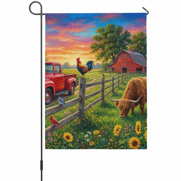 Farm Landscape Garden Flag 12 x 18 Inches, Sunflower Field Cows Cocks American Pastoral Weather Proof Outdoor Patio Flags Double Sided Small Garden Decoration for Yard Outside Home