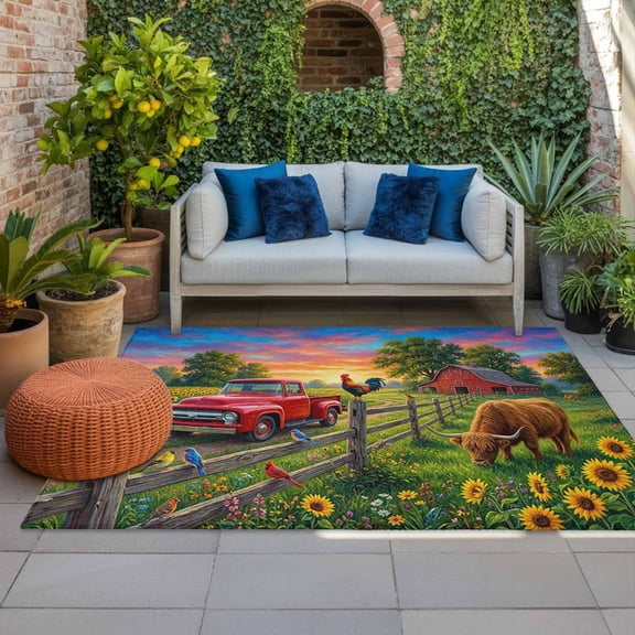 Farm Landscape Indoor Outdoor Rugs 4x6 Ft, Sunflower Field Cows Cocks American Pastoral Outdoor Patio Rugs Mat Washable Outside Area Rugs Carpet for Porch Deck RV Camping Pool Balcony Backyard