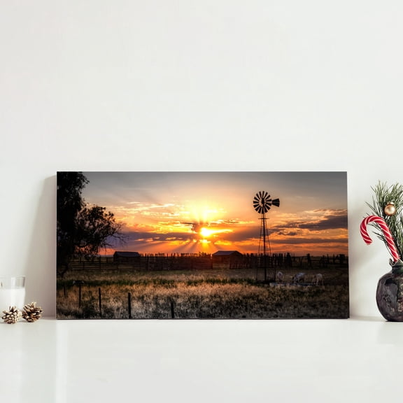 Farm Landscape Pictures Wall Art Decor Rustic Farmhouse Windmill at Sunset Scenery Photograph Painting Giclee Print on Canvas Gallery Wrap Ready to Hang